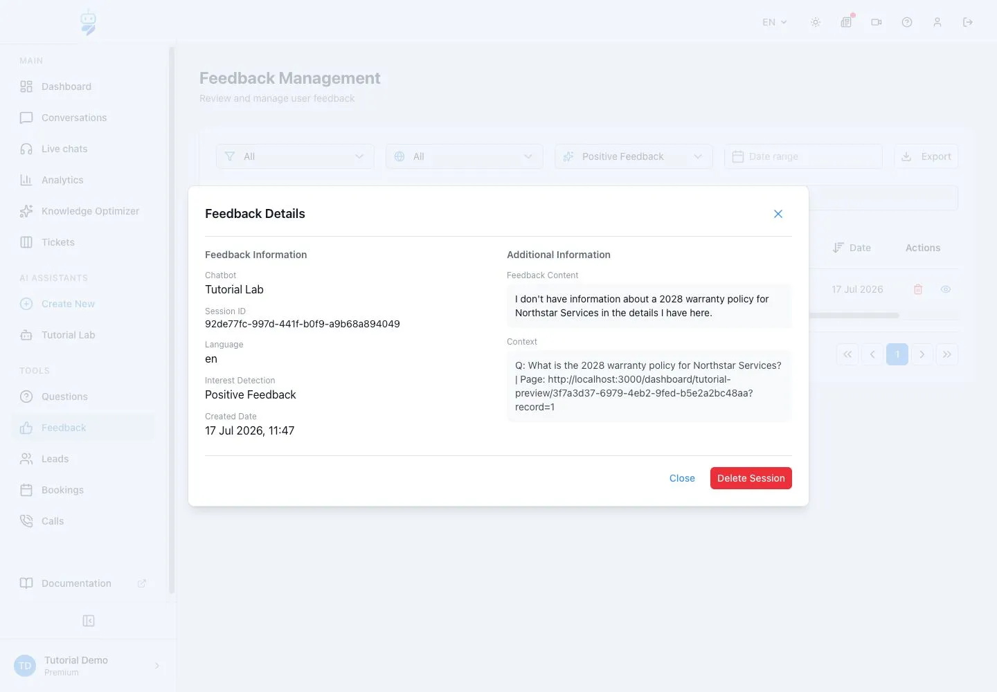 WebChatAgent interface showing understand feedback