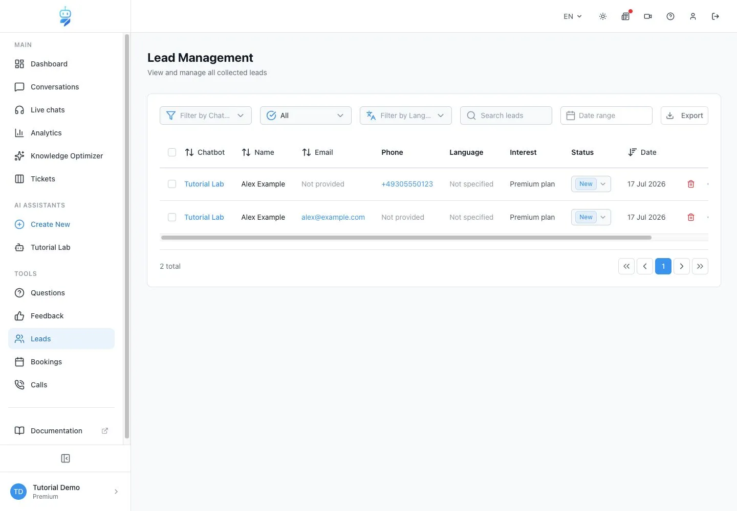 WebChatAgent interface showing process leads
