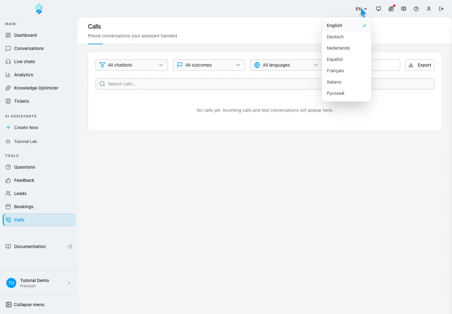 WebChatAgent interface showing change the interface language