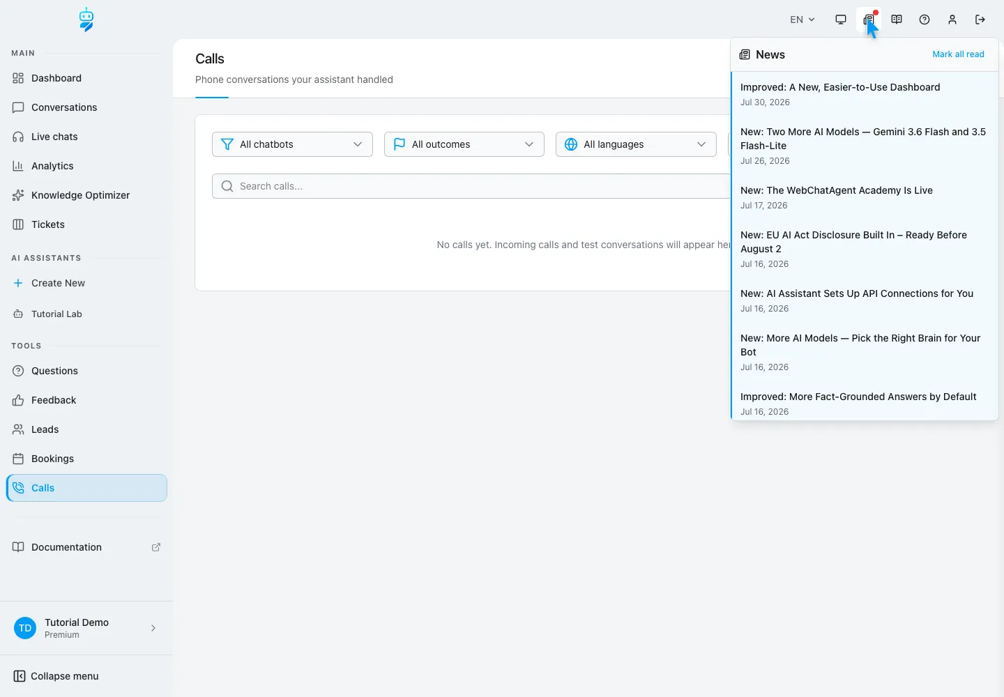 WebChatAgent interface showing read product news