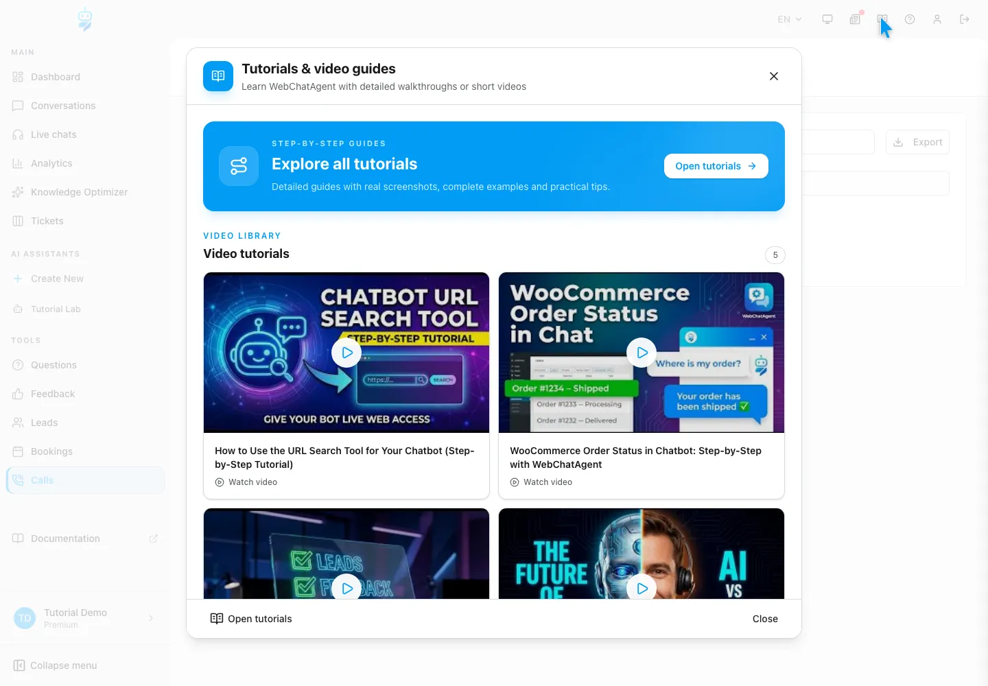 WebChatAgent interface showing open tutorials and video guides