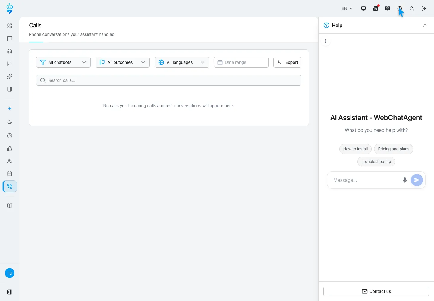 WebChatAgent interface showing use help & support