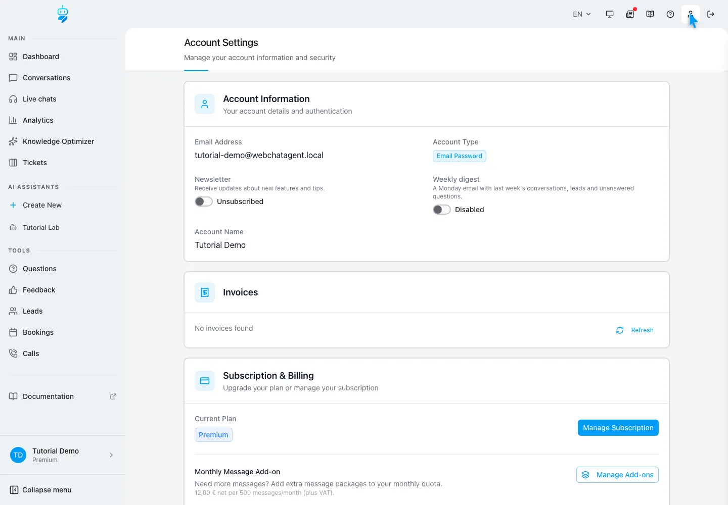 WebChatAgent interface showing manage account settings