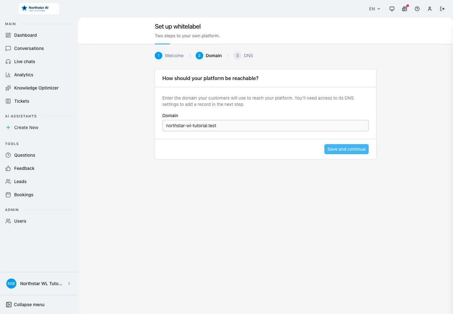 Englische WebChatAgent-Oberfläche: Kontrollierte Kundensubdomain wählen