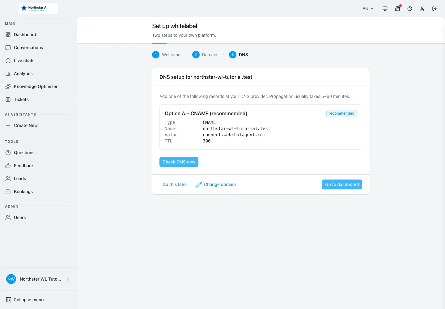 Englische WebChatAgent-Oberfläche: DNS-Anleitung lesen und Produktion separat verifizieren
