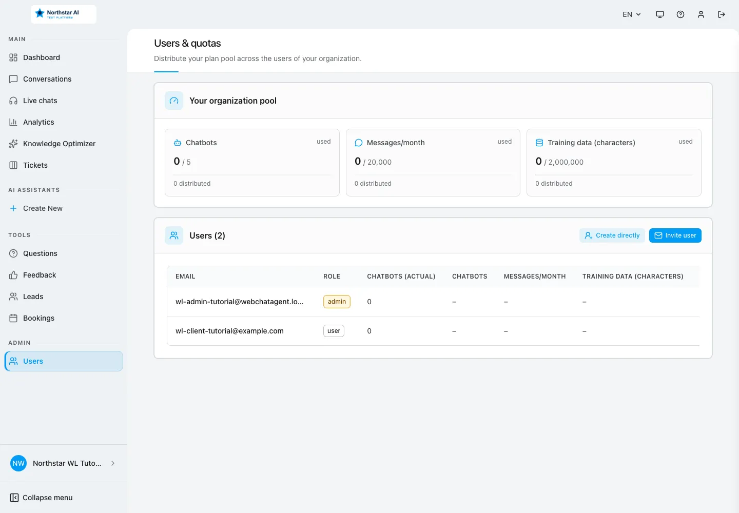 Interface WebChatAgent montrant la création directe d'un client standard