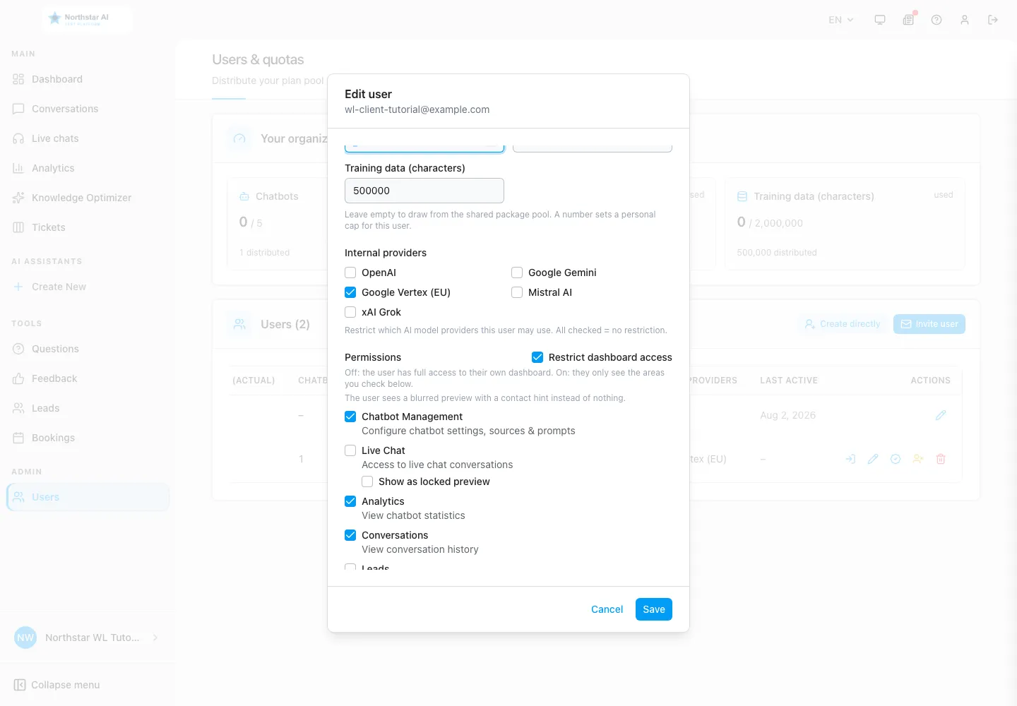 Englische WebChatAgent-Oberfläche: Kontingente, Provider und Dashboard-Rechte verteilen