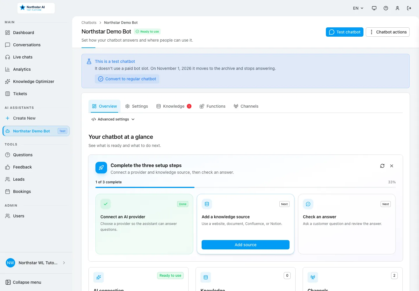 Interface WebChatAgent montrant la création d'un chatbot de test pour un prospect