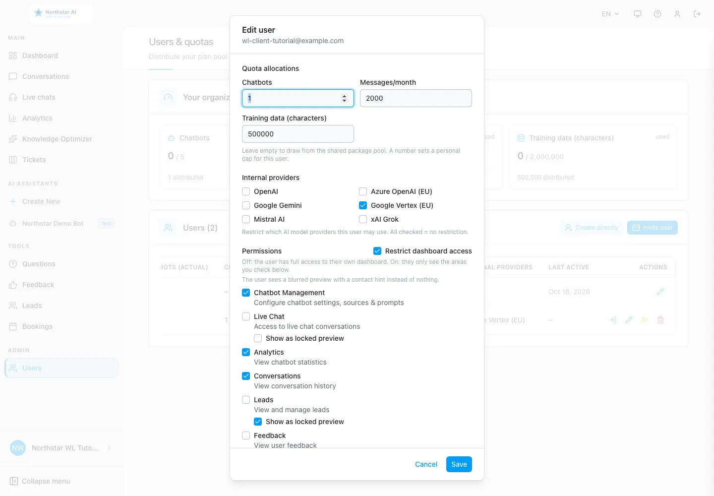 Interface WebChatAgent montrant l'allocation des quotas, des fournisseurs et des autorisations du tableau de bord
