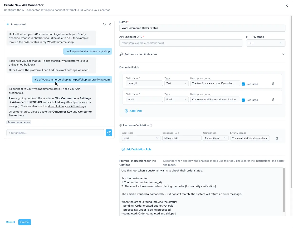 The AI assistant chat next to the connector form: it has filled in the name, input fields and security rule, and links directly to the WooCommerce API key page