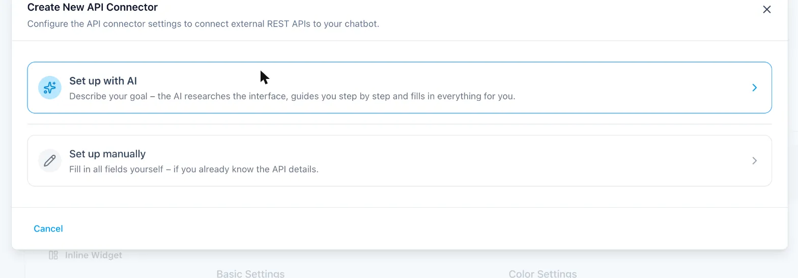 Create New API Connector dialog with two options: Set up with AI, or set up manually