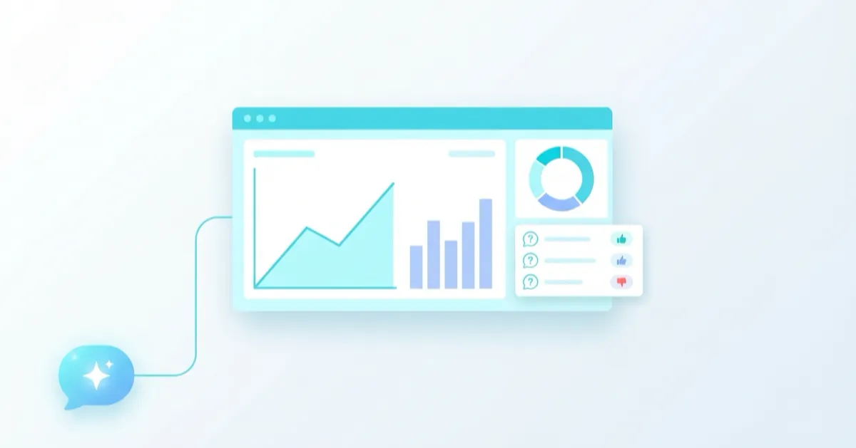 An analytics dashboard with chatbot metrics: unanswered questions, conversion, containment and feedback curves