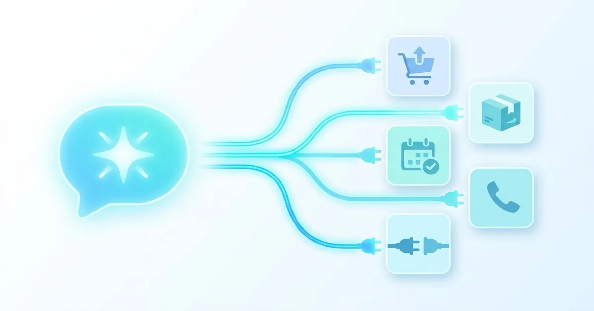 An AI assistant wiring a chatbot to shop, order, calendar and phone systems via glowing API connections