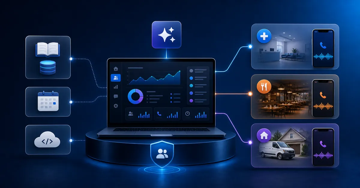 One agency platform connecting a shared knowledge base, calendar and API tools to separate phone assistants for several clients