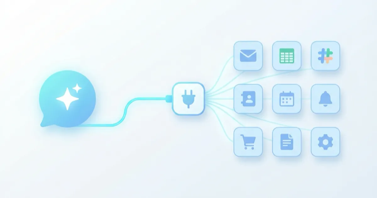 A chatbot connected through one MCP server to a wall of app icons – CRM, email, Slack, spreadsheets