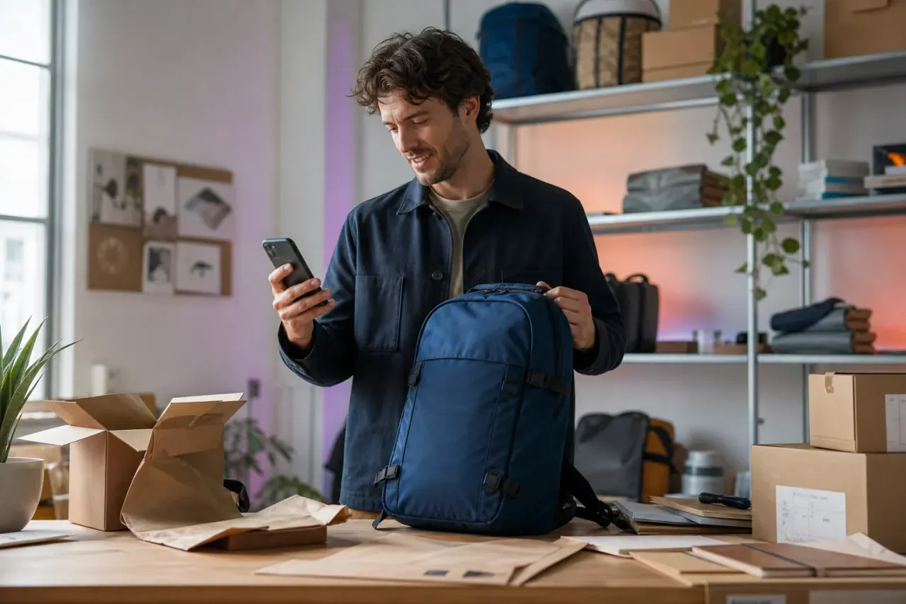Small ecommerce business owner answering a customer message while preparing a blue travel backpack for shipment.