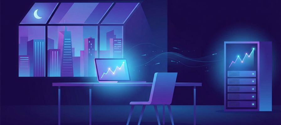 Business office at night with revenue graph