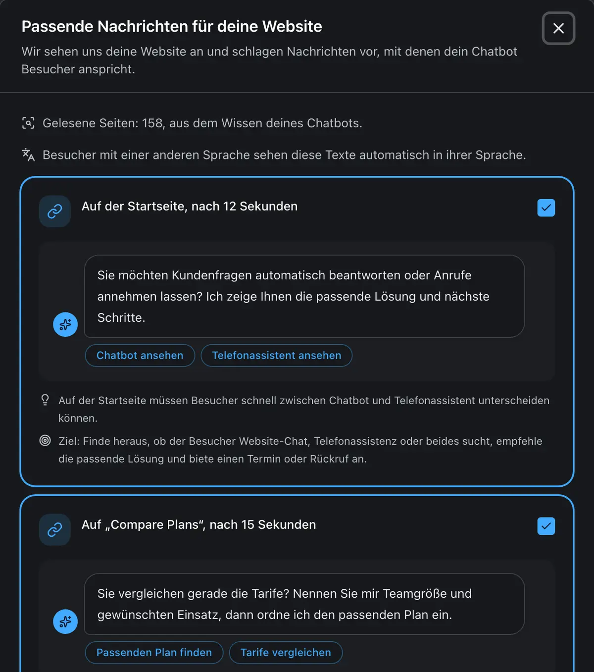 Der Assistent schlägt fertige Nachrichten für Startseite und Preisseite vor, jeweils so, wie sie im Chat aussehen