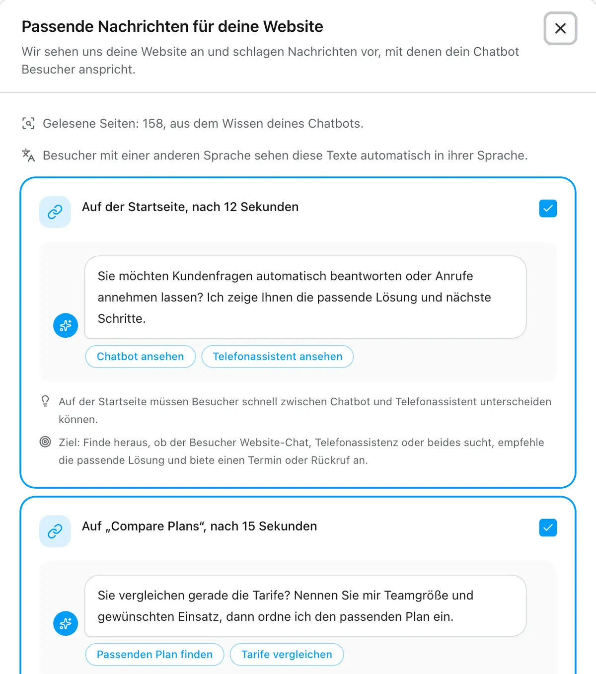 Der Assistent schlägt fertige Nachrichten für Startseite und Preisseite vor, jeweils so, wie sie im Chat aussehen