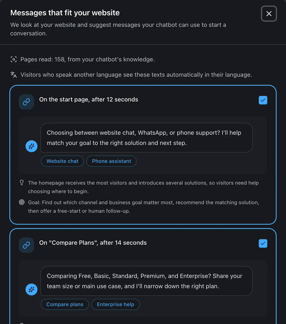 The assistant suggests ready messages for the start page and the pricing page, each shown as it will look in the chat