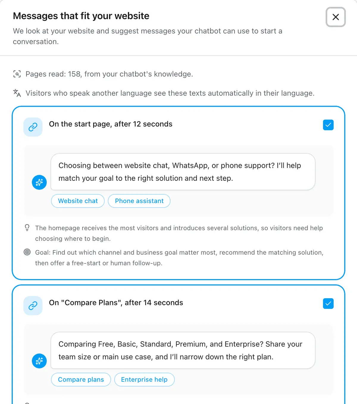 The assistant suggests ready messages for the start page and the pricing page, each shown as it will look in the chat