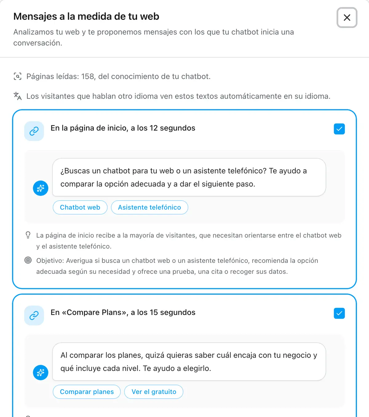 El asistente sugiere mensajes listos para la página de inicio y la de precios, cada uno tal como se verá en el chat