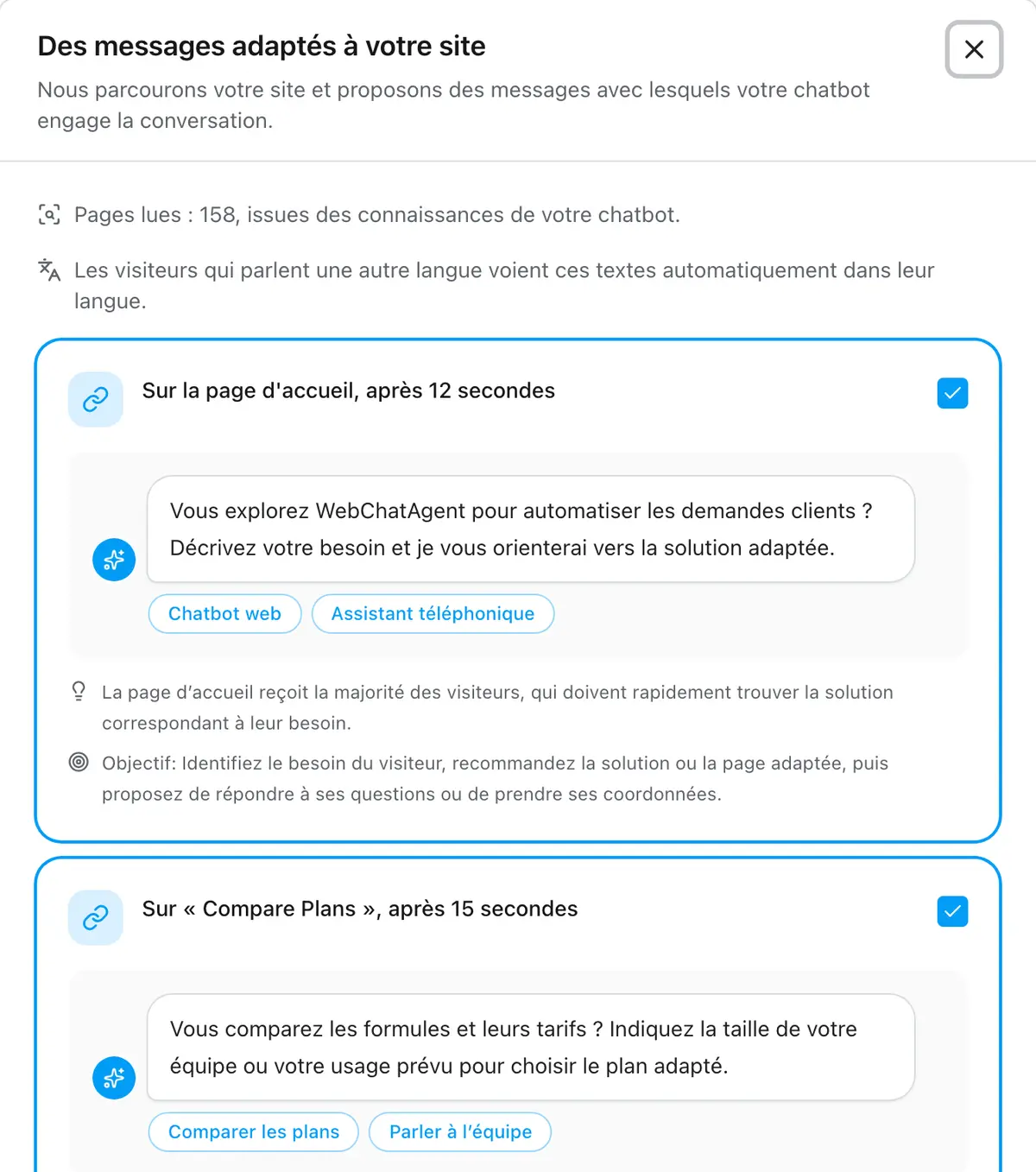 L'assistant propose des messages prêts pour la page d'accueil et la page des tarifs, chacun tel qu'il apparaîtra dans le chat