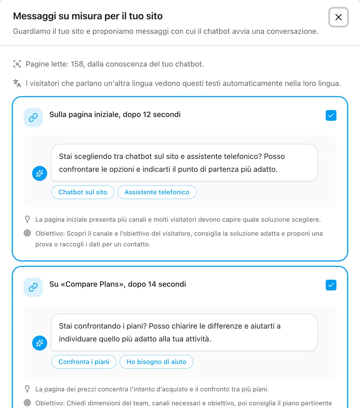 L'assistente propone messaggi pronti per la pagina iniziale e quella dei prezzi, ognuno come apparirà nella chat