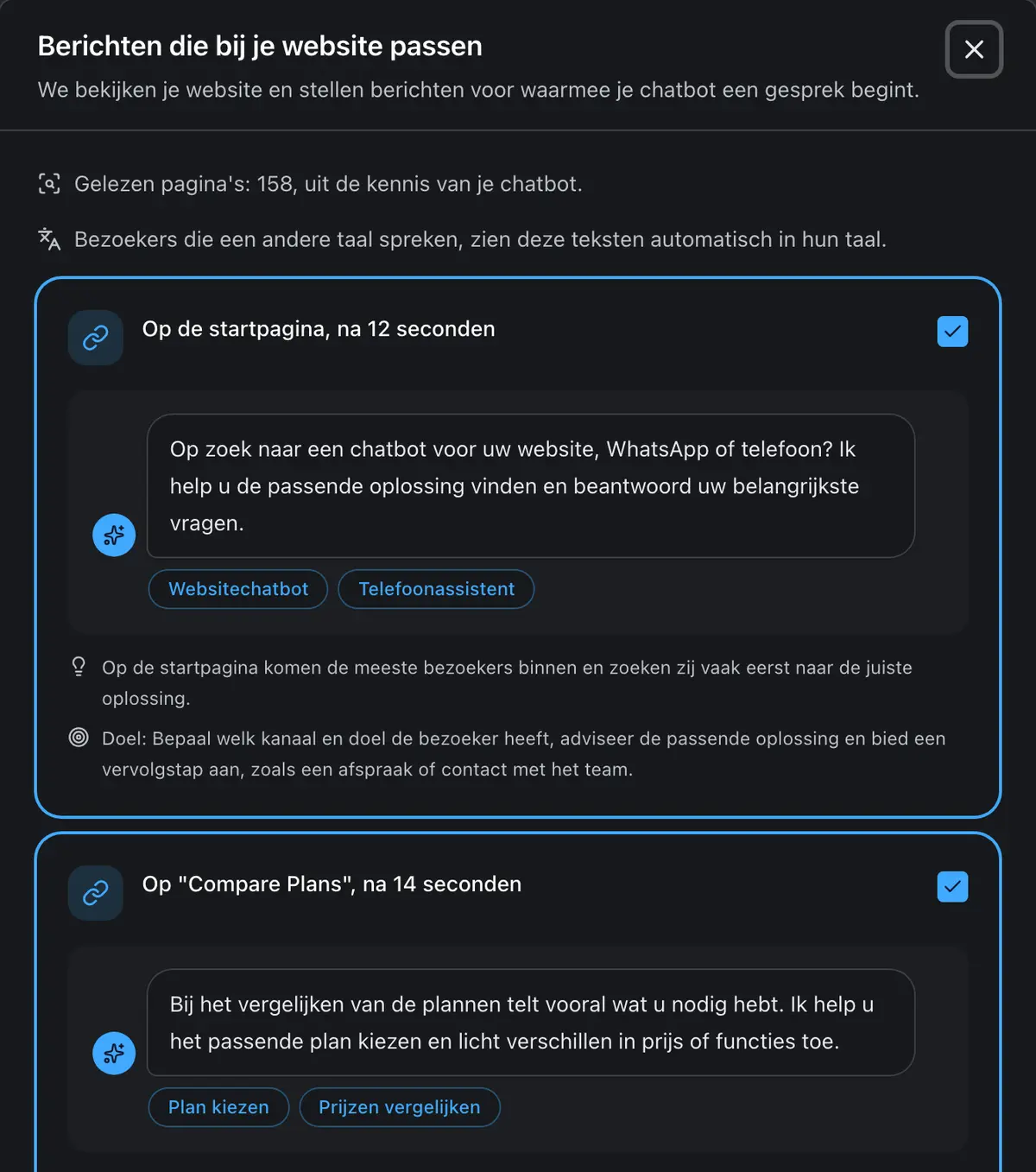 De assistent stelt kant-en-klare berichten voor de startpagina en de prijzenpagina voor, elk zoals het in de chat verschijnt