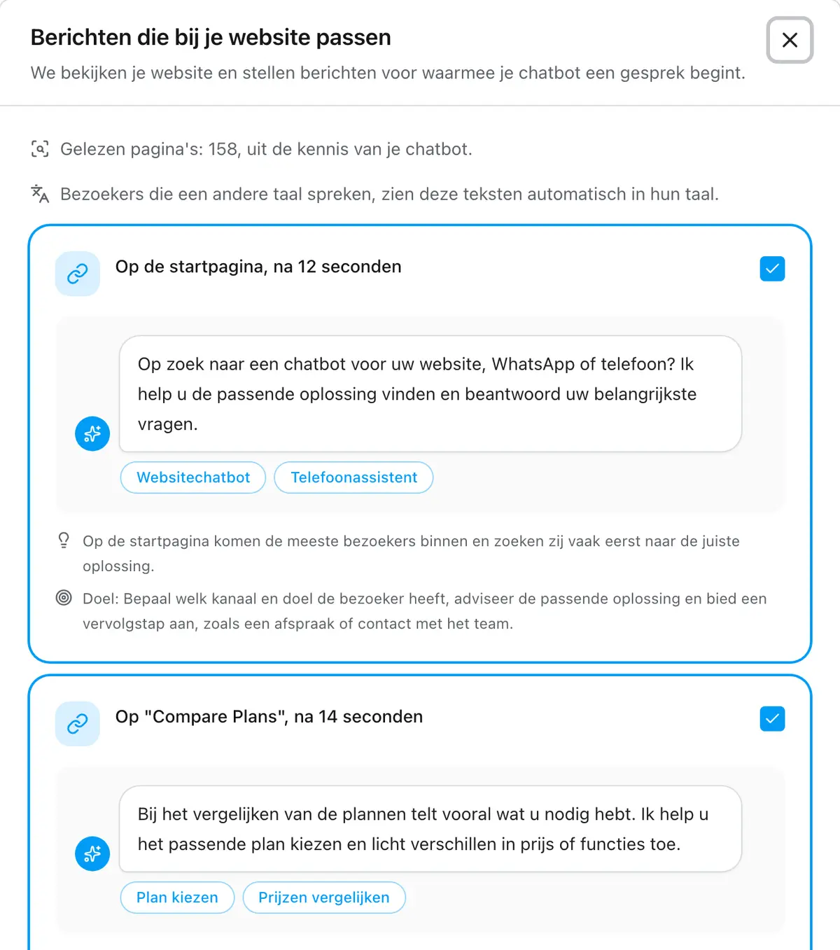 De assistent stelt kant-en-klare berichten voor de startpagina en de prijzenpagina voor, elk zoals het in de chat verschijnt