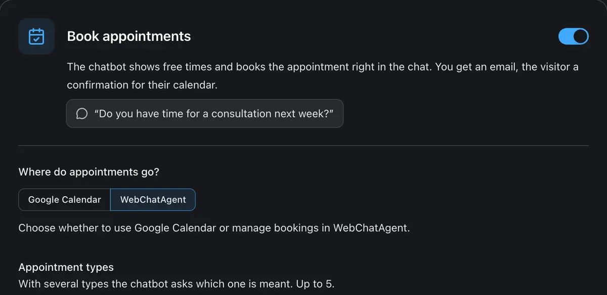 Appointment types and booking form settings