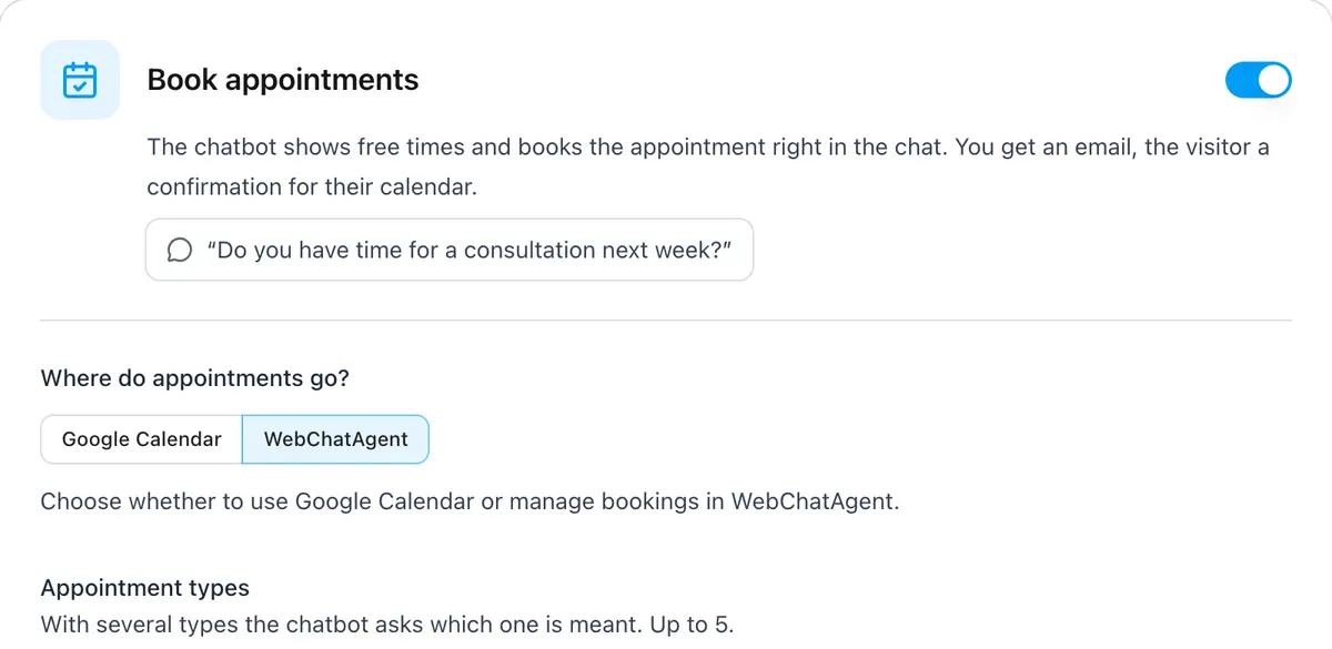 Appointment types and booking form settings