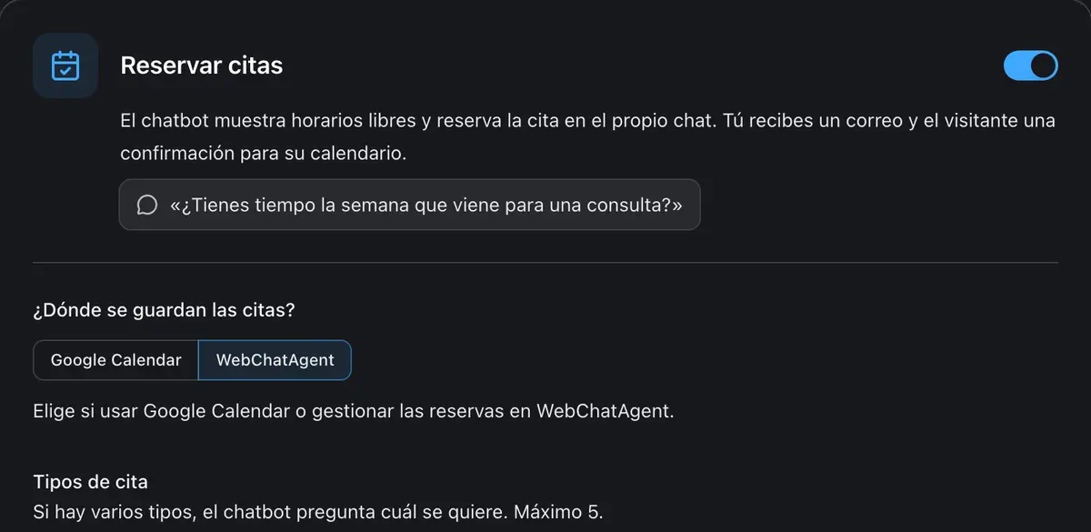 Tipos de cita y ajustes del formulario de reserva