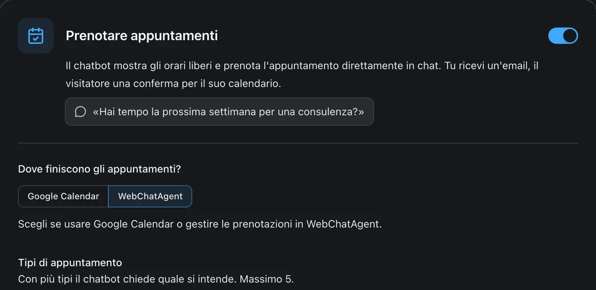 Impostazioni per i tipi di appuntamento e il modulo di prenotazione