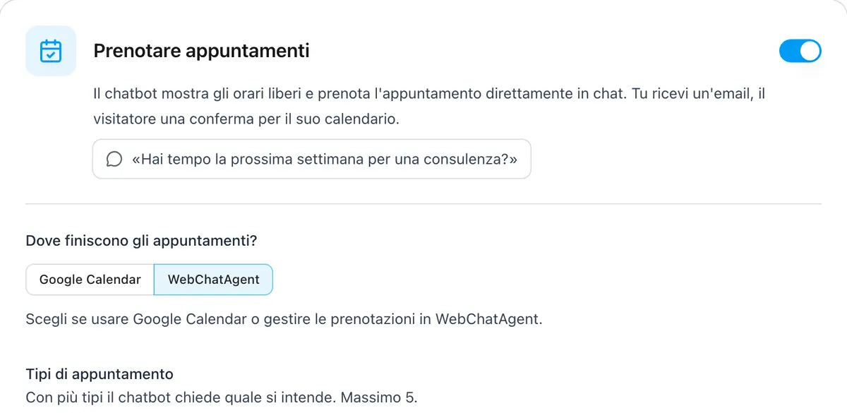 Impostazioni per i tipi di appuntamento e il modulo di prenotazione