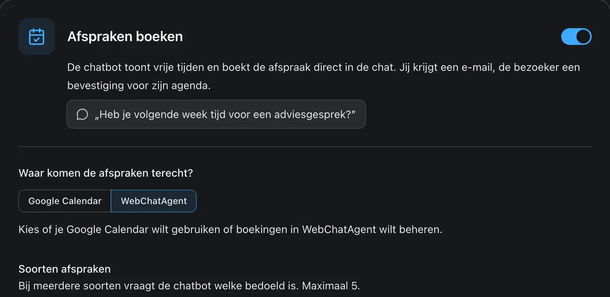 Instellingen voor soorten afspraken en het boekingsformulier