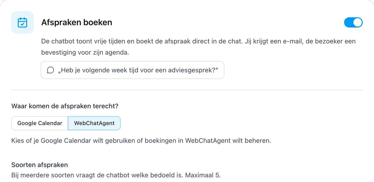 Instellingen voor soorten afspraken en het boekingsformulier