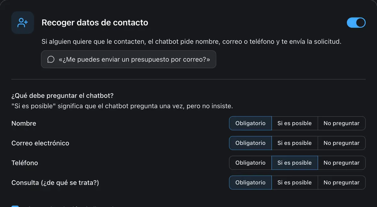 Elige para cada dato: obligatorio, si es posible o no preguntar