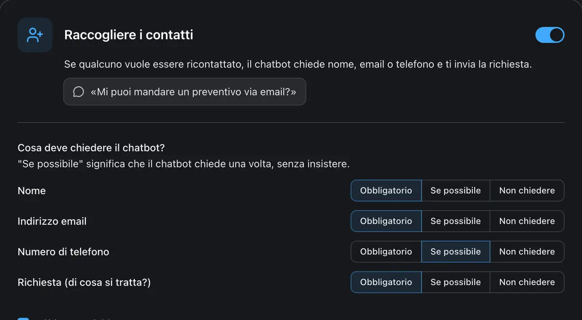 Scegli per ogni dato: obbligatorio, se possibile o non chiedere