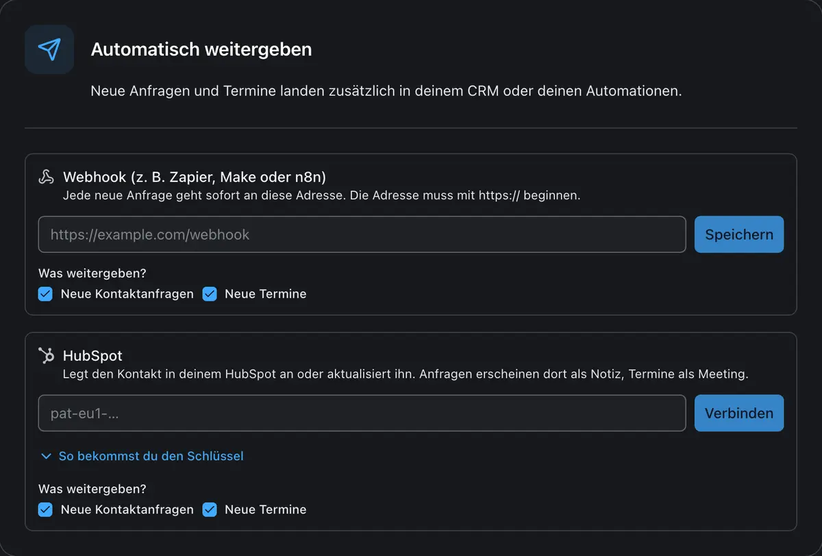 Neue Anfragen an HubSpot oder einen Webhook weitergeben