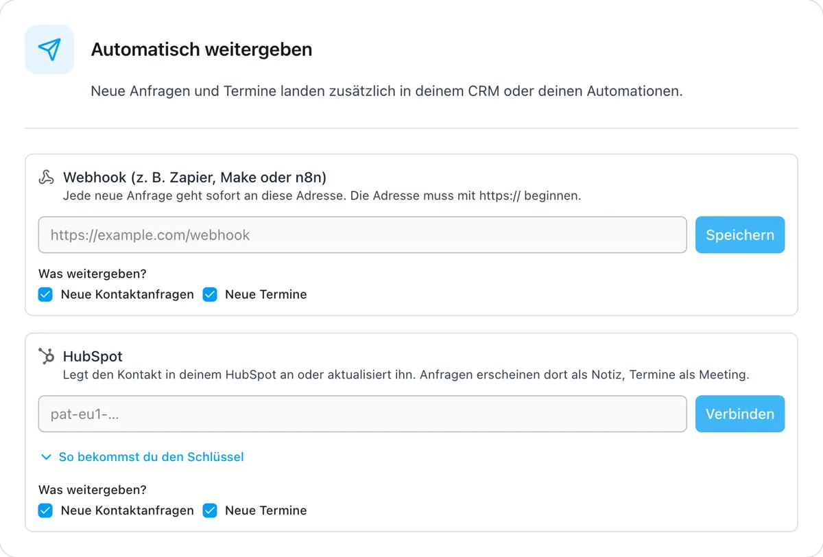 Neue Anfragen an HubSpot oder einen Webhook weitergeben