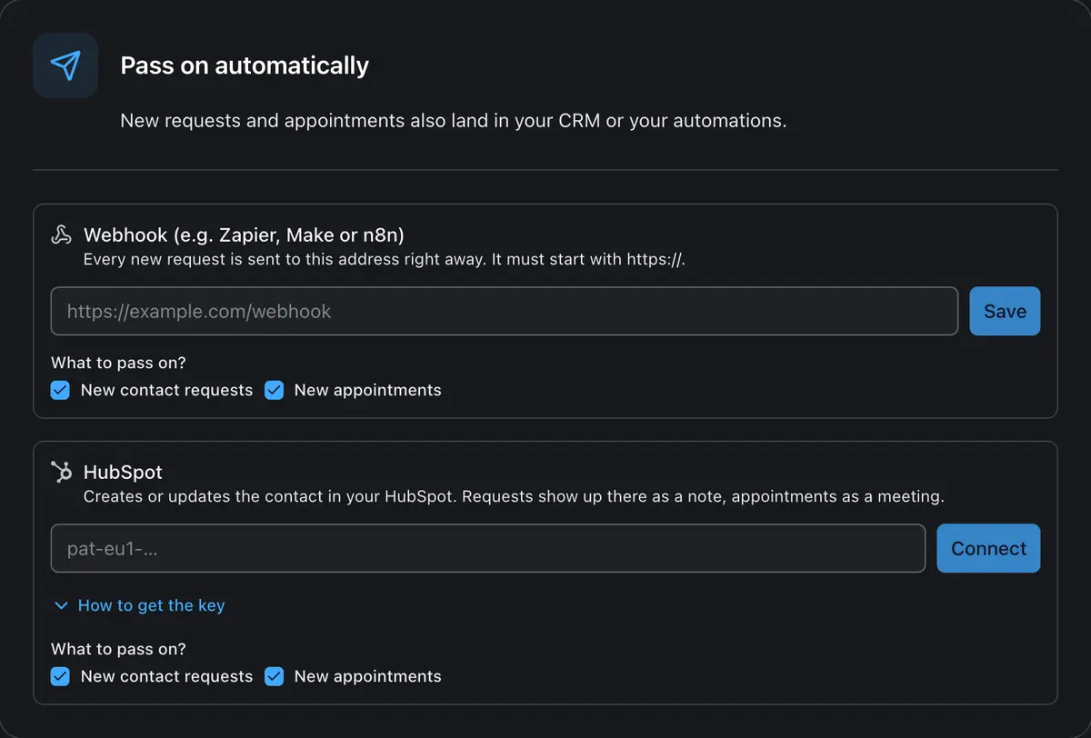 Pass new requests on to HubSpot or a webhook