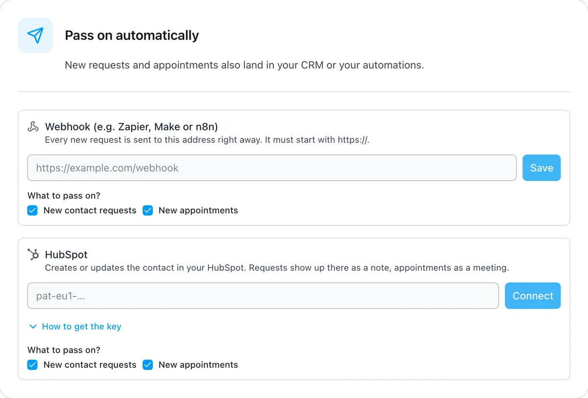 Pass new requests on to HubSpot or a webhook