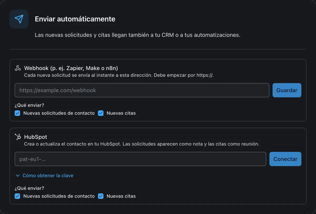 Enviar automáticamente nuevas consultas a HubSpot o a un webhook