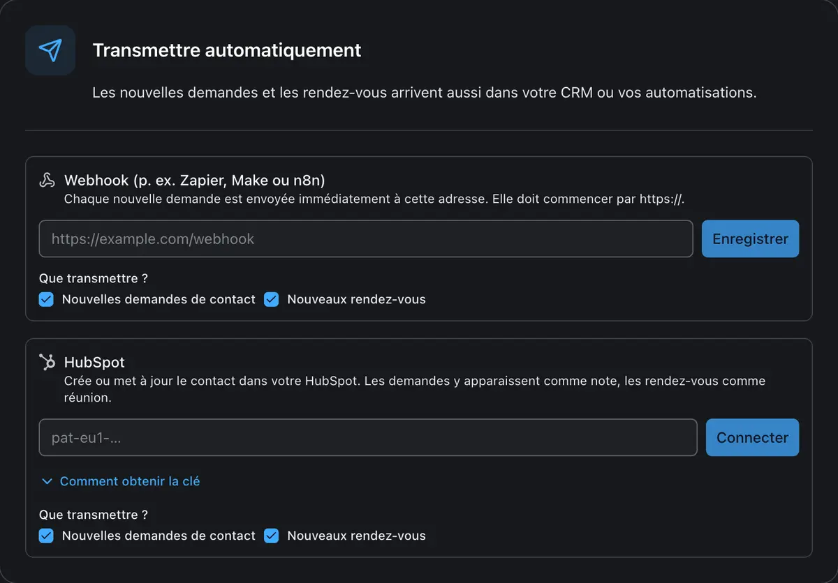 Transmission automatique des nouvelles demandes vers HubSpot ou un webhook