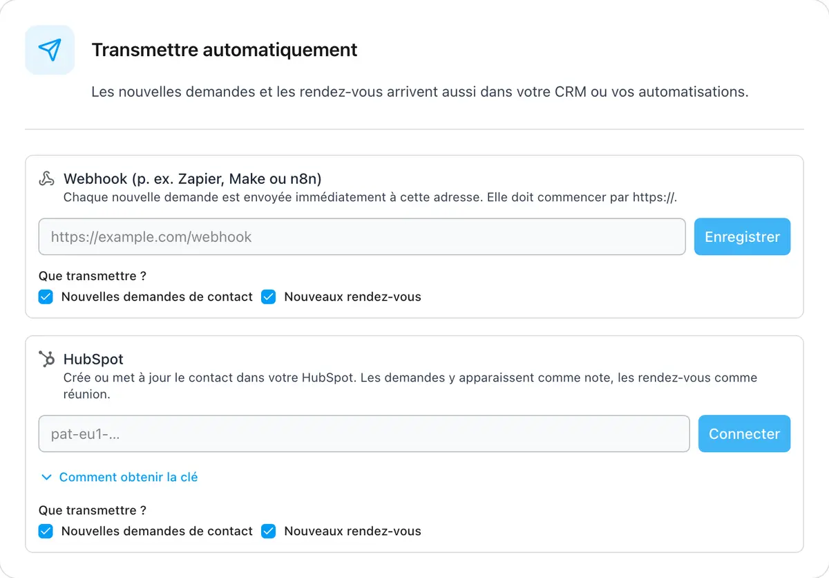 Transmission automatique des nouvelles demandes vers HubSpot ou un webhook