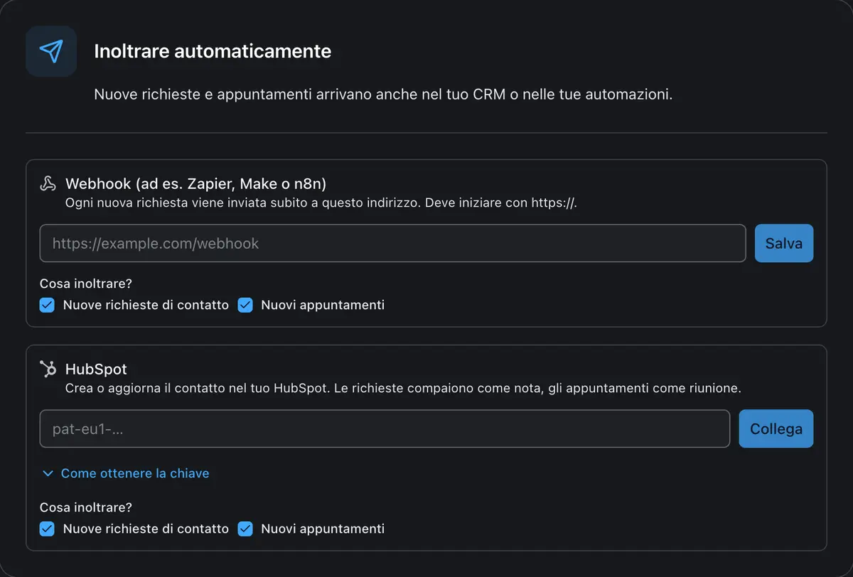 Inoltra le nuove richieste a HubSpot o a un Webhook