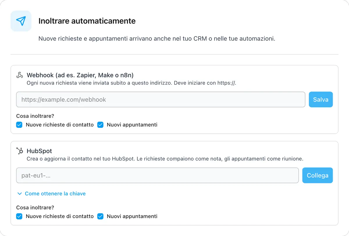 Inoltra le nuove richieste a HubSpot o a un Webhook