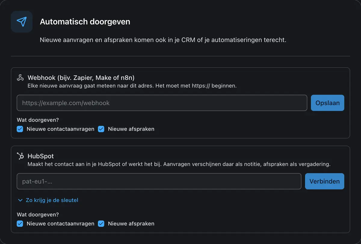 Nieuwe verzoeken automatisch doorgeven aan HubSpot of een webhook