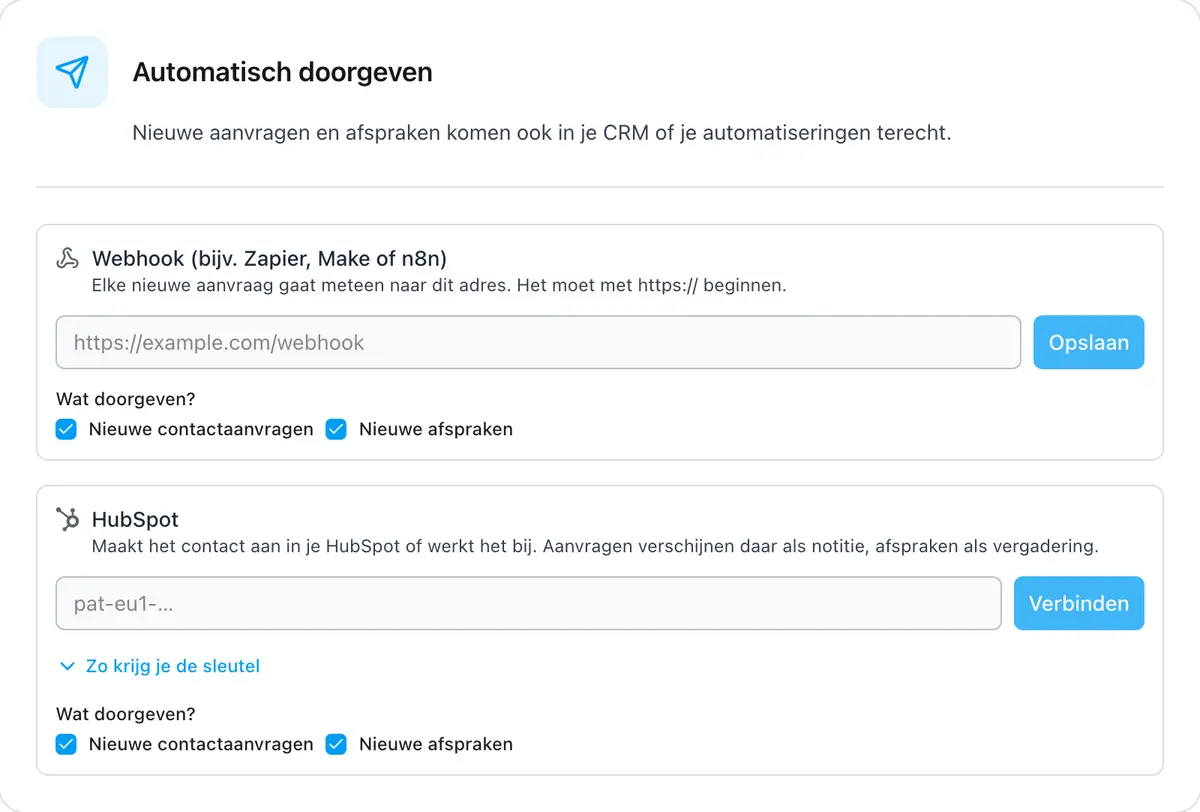 Nieuwe verzoeken automatisch doorgeven aan HubSpot of een webhook